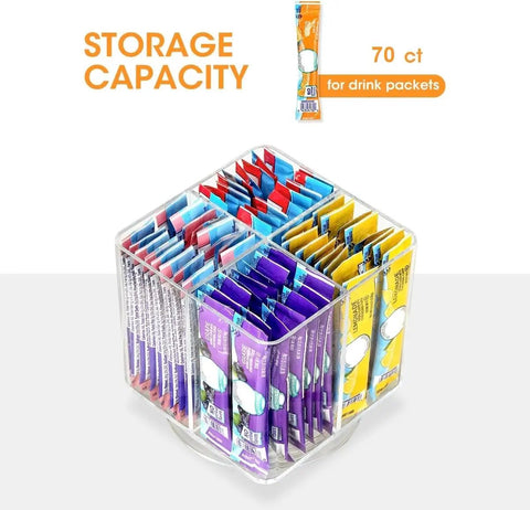 No Sweat Spin Lazy Susan Drink Packet Organizer Square Four Compartment Pantry Turntable, clear with 70 drink packets stored.