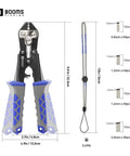 8.8 Inch Heavy Duty Beefed Up Pro Grade Crimping Pliers Kit With 140 Double Barrel Sleeves shown with dimensions and sleeve sizes.