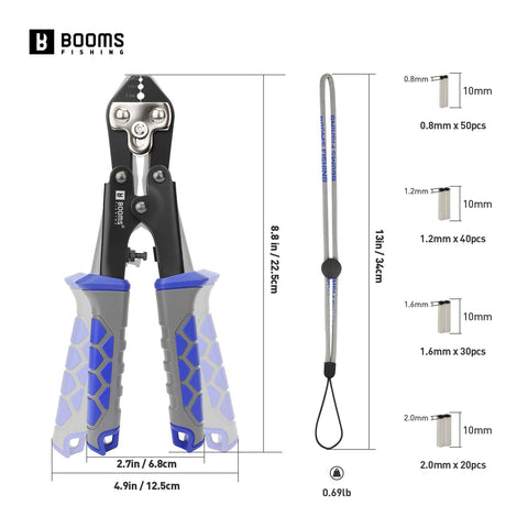 8.8 Inch Heavy Duty Beefed Up Pro Grade Crimping Pliers Kit With 140 Double Barrel Sleeves shown with dimensions and sleeve sizes.