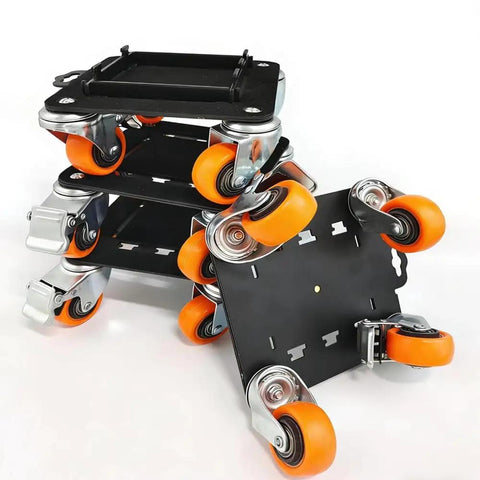 Super Heavy Duty Furniture Mover Dollies That Spin 360 Degrees Easy With Pry Bar And Heightening Pads For Moving Frig, Washer, Sofa And Couch Fast Without The Strain, featuring orange wheels and durable black surface.