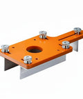 Precision Slotting Router Guide Jig Template Featuring Adjustable Clamping Block And Heavy Duty Metal Plate For Dead Accuracy On Cabinet And Drawer Build Projects, orange and metal design.