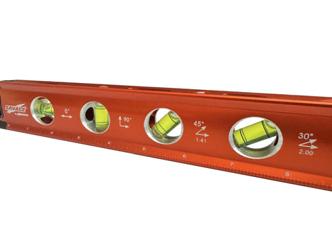 Savage Grip 11-Inch Aluminum Torpedo Level with Brightview Technology showing vials for 0 30 45 90 degrees in orange