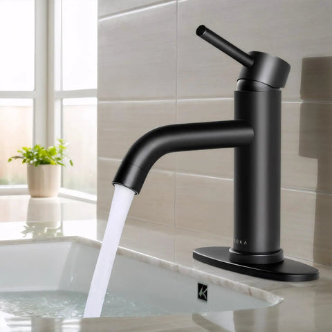 Brushed Nickel Stainless Steel Bathroom Faucet With Pop Up Drain Stopper And Deck Plate, Single Handle, water flowing into sink