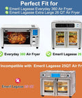 Comparison of Emeril Lagasse air fryer models showing compatibility with Replacement Air Fryer Basket For Emeril Lagasse 26 Qt French Door Oven 360 Extra Large Must Have Perfect Fit, 12.6 By 10.2 Inches Stainless Steel Baking Tray And Wire Rack Accessory