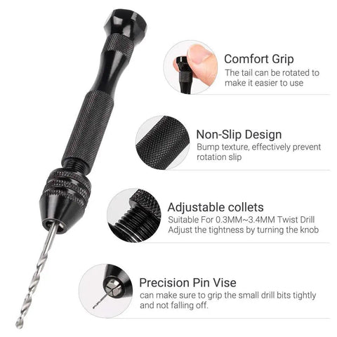 Hand Drill And Pin Vise Bits Set With 36 Pcs Mini Twist And PCB Drills For Jewelry Making Model Building Resin Craft And Woodworking, shown with comfort grip and adjustable collets.