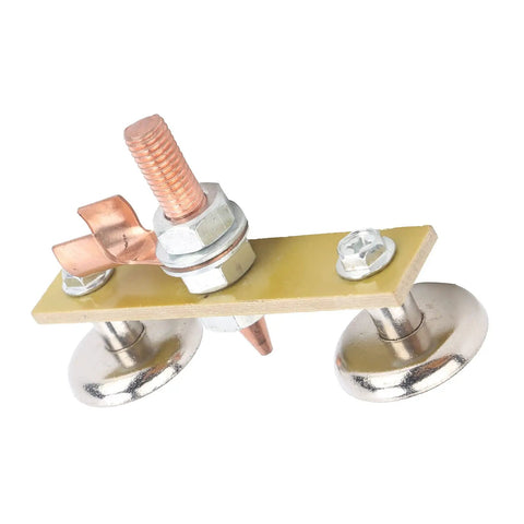 Heavy Duty Welding Magnet Ground Clamp With 4mm Insulated Iron Head Spotter Connector on a metal plate with suction cups.