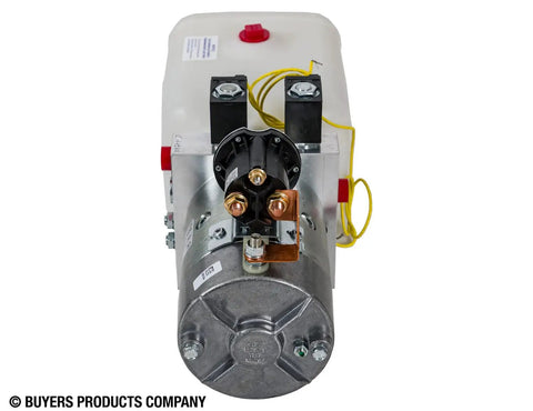 Front view of 4-Way DC Hydraulic Power Unit With 12V Motor And Built-In Pump For Trucks And Trailers, Compact 0.75 Gallon Poly Reservoir.