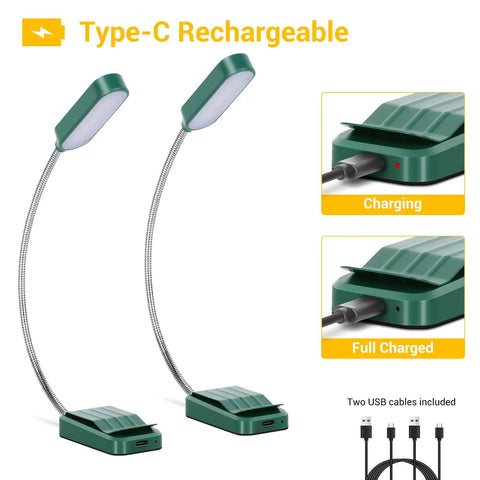 Two Pack Clip On Book Lights For Late Night Reading Rechargeable with USB cables shown in charging and fully charged states
