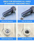 10 Pack Stainless Steel Thread Repair Inserts Set With M6 X 1 Female And M8 X 1.25 Male Threads, 15mm Length, showing before and after repair in metal