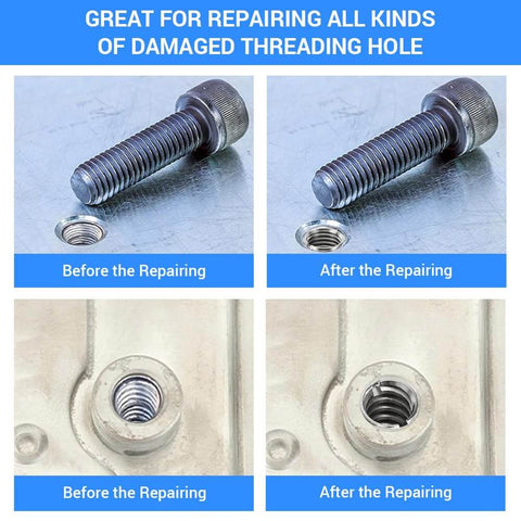 10 Pack Stainless Steel Thread Repair Inserts Set With M6 X 1 Female And M8 X 1.25 Male Threads, 15mm Length, showing before and after repair in metal