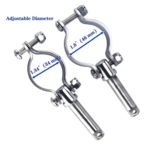 Two 316 stainless steel clamp-on oarlock brackets with bolts; adjustable diameters 34 mm and 46 mm.