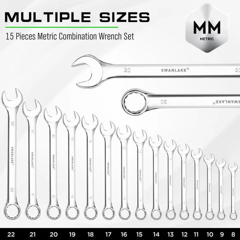 15-Piece Metric Combination Wrench Set With 12-Point Max Torque Open End CR-V Steel 8 To 22Mm Includes Storage Rack Built Tough For Auto Bike And Industrial Use, sizes 8-22mm