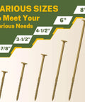 Various sizes of rust resistant structural wood screws with flat head and star drive ranging from 2-7/8 inch to 8 inch, bronze coated.