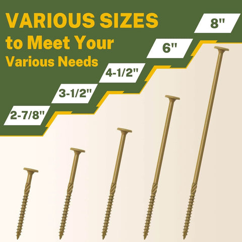 Various sizes of rust resistant structural wood screws with flat head and star drive ranging from 2-7/8 inch to 8 inch, bronze coated.