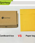 Comparison of Sportway cardboard box and yellow paper bag packaging options