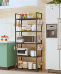Five Tier Storage Rack For Kitchen And Laundry Room Height Adjustable Microwave Cart Rock Solid Steel Frame with kitchen appliances and supplies.
