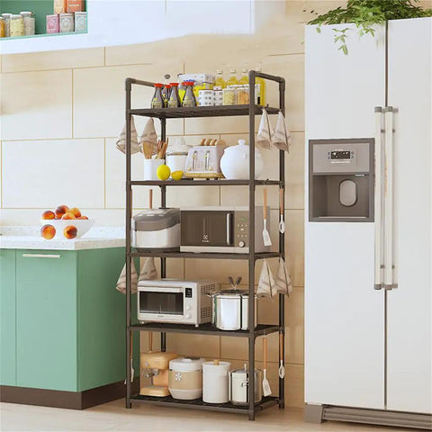 Five Tier Storage Rack For Kitchen And Laundry Room Height Adjustable Microwave Cart Rock Solid Steel Frame with kitchen appliances and supplies.