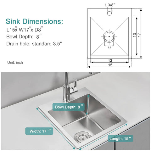 15 Inch Bar Sink Drop In Topmount With Single Bowl 304 Stainless Steel Handmade Kitchen Bar Sink dimensions and installation