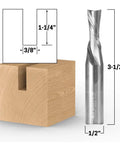 Downcut Router Bit Spiral Two Flute Solid Carbide CNC End Mill Three Eighths Inch Diameter One Half Inch Shank For Clean Top Edges On Laminates And Veneers Works On CNC Table Mount And Handheld Routers 32251 SC alongside wood block with cut dimensions