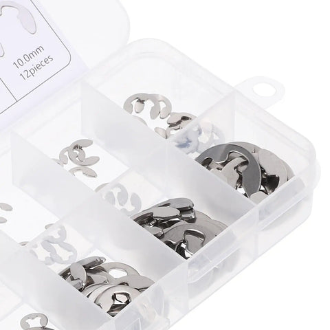 Stainless Steel External Circlip Assortment Kit In M1.5 To M10 Sizes with assorted rings in a clear organizer box.