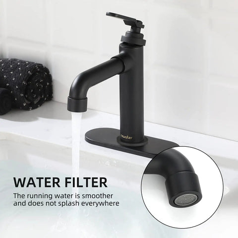 Matte black single handle brass bathroom sink faucet in use, showing water flow. Single Handle Brass Bathroom Sink Faucet One Hole Deck Mount Vanity Basin Mixer Tap Includes Metal Pop Up Drain And Supply Lines RV Ready Commercial Lavatory Matte Black Finish.