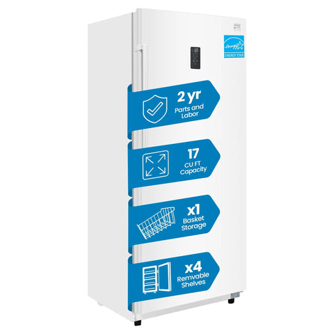 Built Tough 17 Cubic Foot Upright Convertible Fridge And Freezer With Auto Defrost showing 17 cu ft capacity and removable shelves.