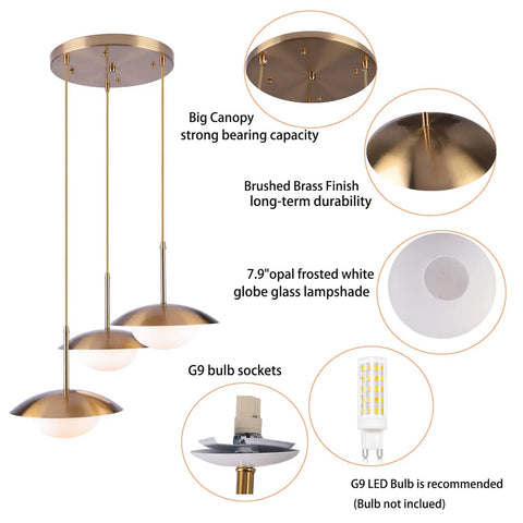 Go-To Three-Light Modern Pendant Lighting With Double Shades And White Glass Globe Inside Brushed Brass UFO Fixture details