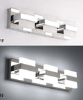 Modern Three Light Chrome Bathroom Vanity Light Over Mirror Super Easy Fifteen Minute Install Led Fixture Twenty Inch Size Bright White Light Non Dimmable For Your Home Bathroom with lights off and on.