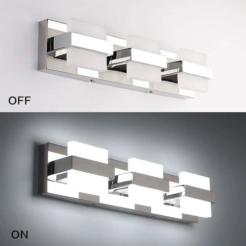 Modern Three Light Chrome Bathroom Vanity Light Over Mirror Super Easy Fifteen Minute Install Led Fixture Twenty Inch Size Bright White Light Non Dimmable For Your Home Bathroom with lights off and on.