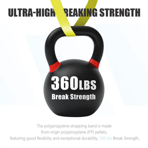 Boss Level Polypropylene Strapping Kit with 360 lbs break strength feature showcased on a black kettlebell.