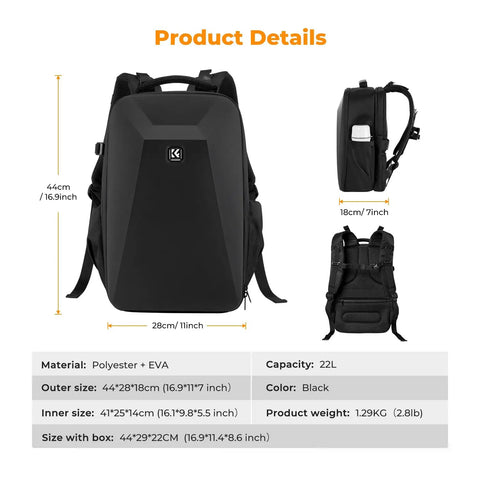Hard Shell Camera Backpack For DSLR And Mirrorless Gear, Waterproof 22L Travel Case dimensions and material details.