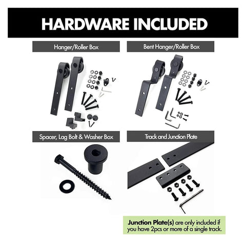Bypass Sliding Barn Door Hardware Kit 6.6 Feet Rustic Single Track components including rollers, spacers, and junction plates.