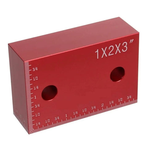 Top Tier Precision Woodworking Setup Blocks And Height Gauge Bars Made From Heavy Duty Anodized Aluminum For Table Saw Router Jigs Metric And Inch Calibrations Built To Perform Like A Champion In Any Shop, red aluminum block with measurements and holes.