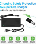 Fast Lane 54.6V 48V Battery Charger With 3A And 5A Settings, black charger with safety features and connectors.