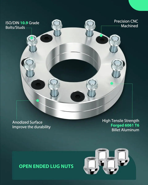 2 Inch Wheel Spacers Adapters For 6x5.5 To 8x180 Bolt Pattern, 108mm Hub Bore, 14x1.5 Studs, top view with lug nuts