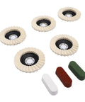 Yosoo Health Gear Pro Wool Polishing Wheel Kit With Angle Grinder And Three Color Compound Set For Metal Mirror Finish Buffing Tool features wool pads and color-coded compounds.