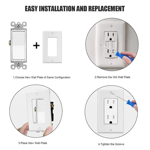 Installation steps for One Gang Decorator Wall Plate Cover 10 Pack for Light Switches and Receptacles Dimmers GFCI USB Outlets.