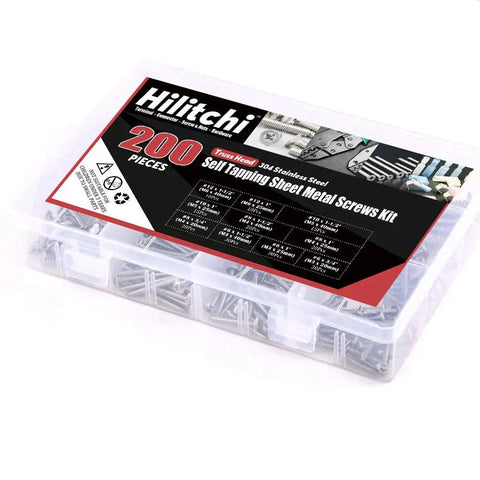 Badass 304 Stainless Steel Phillips Truss Self Drilling Sheet Metal Tek Screws Assortment Kit in a clear container with 200 pieces.
