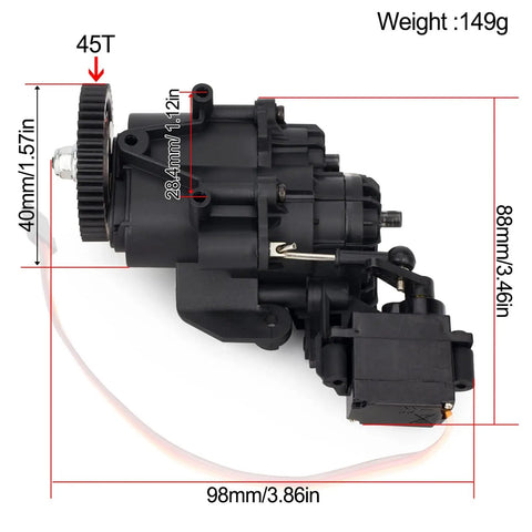 Dimensions of Beefed Up 2 Speed RC Crawler Transmission Gearbox With Servo Upgrade Kit Heavy Duty Metal Internal Gears