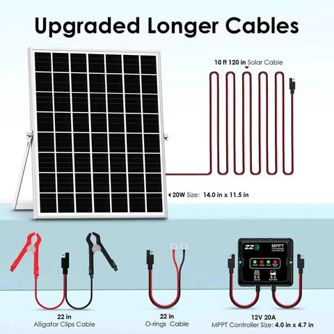 Pro Grade Solar Powered Battery Charger Trickle Maintainer 20W 12V MPPT Panel Kit with cables and IP68 controller