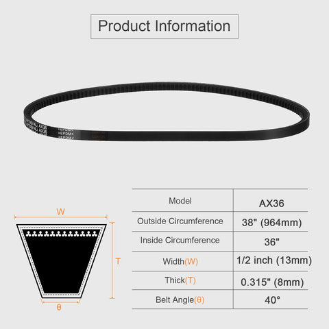 AX36 Cogged V-Belt EPDM Rubber Belt For Beefy, Heavy Duty Industrial Machinery, Half Inch Wide, 36 Inch Inside Circumference