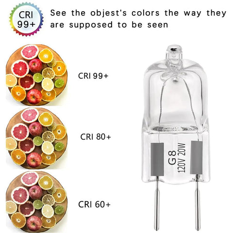G8 Halogen Under Cabinet Light Bulbs 20W 120V Replacement Pack Of 10, showing CRI comparison next to fruit baskets.