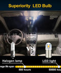 Car interior comparison with halogen lamp vs LED light, highlighting lifespan; focus on 4 Pack 6V Warm White BA9S LED Bulbs.