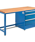 Total Game Changer For Your Shop With This 72 Inch Blue Modular Workbench Boasting A Heavy Duty Maple Butcher Block Top And Three Dang Spacious Drawers For Stress Free Project Work, featuring a blue metal frame and butcher block surface.