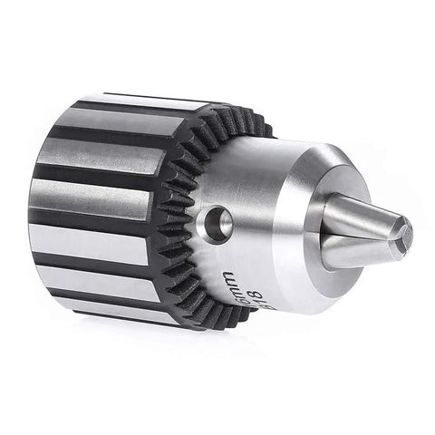 Top Shelf Heavy Duty 5/8 Inch Drill Chuck Kit Featuring K32 Tightening Key And Mt2 Taper Arbor, premium steel drill chuck close-up view.