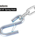 Close-up of 5/16 inch spring hook on 27 Inch Trailer Safety Chain Kit With 5/16 Spring Hook Grade 30 7000 Lb Capacity Zinc Plated SAE Compliant Pack Of 2