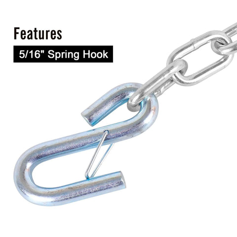Close-up of 5/16 inch spring hook on 27 Inch Trailer Safety Chain Kit With 5/16 Spring Hook Grade 30 7000 Lb Capacity Zinc Plated SAE Compliant Pack Of 2
