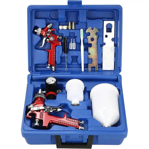 Heavy Duty Cordless Spray Paint Gun Kit With Adjustable Tip For Home And Auto Jobs No Cord Hassle Zinc Alloy Frame Battery Operated with tools in blue case.
