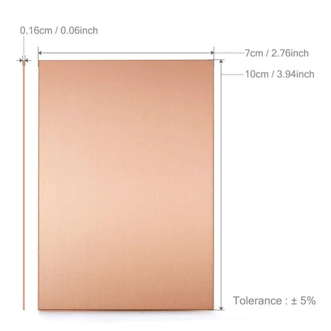 Ten Pack Single Sided Copper Clad Laminate PCBs For DIYers, 7x10 cm, copper prototyping board with dimensions shown