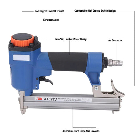 Heavy Lifting Pneumatic Brad Nailer 20 Gauge Air Nail Gun with aluminum body and swivel exhaust design, ideal for woodwork.